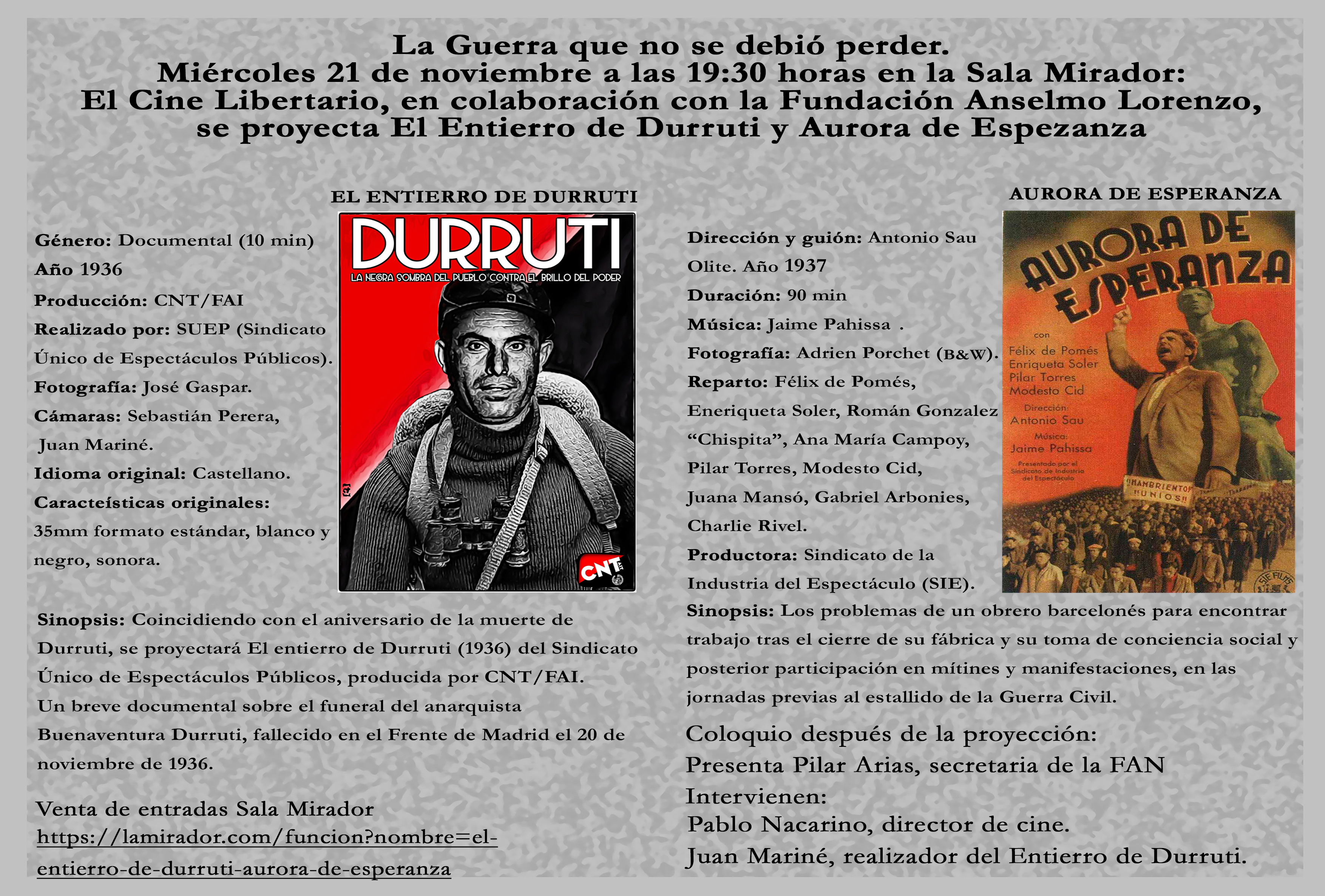 21 de noviembre, proyección de 'El entierro de Durruti' y 'Aurora de esperanza'